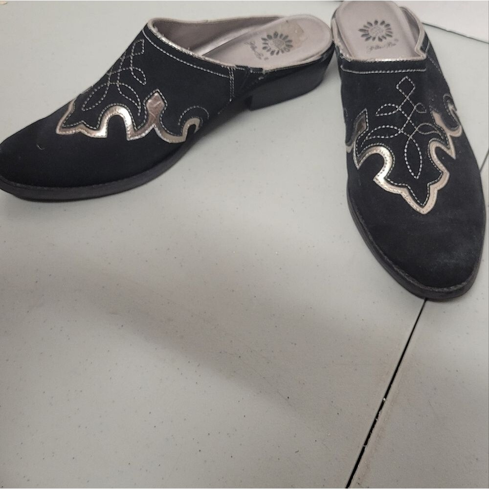 Yellow Box Tush Push Black Suede (LEATHER upper) Cowboy Mules Size 8